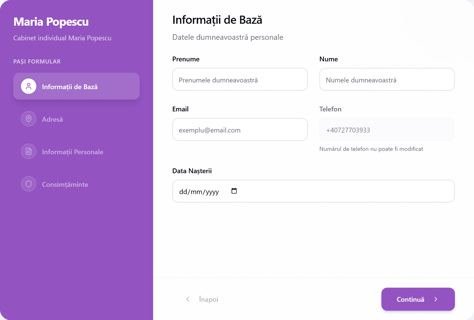 Formularul de completare date client FluentLoop