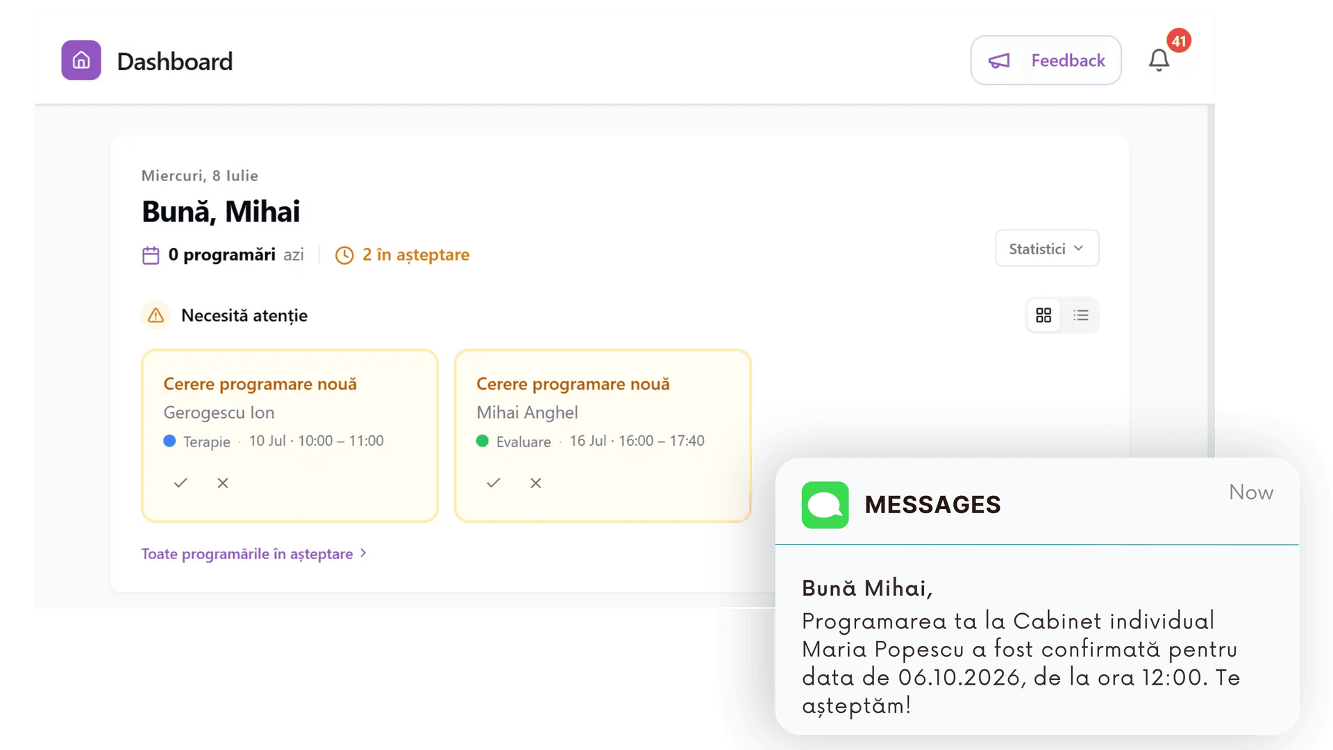 Clientul trimite cererea, tu confirmi programarea
