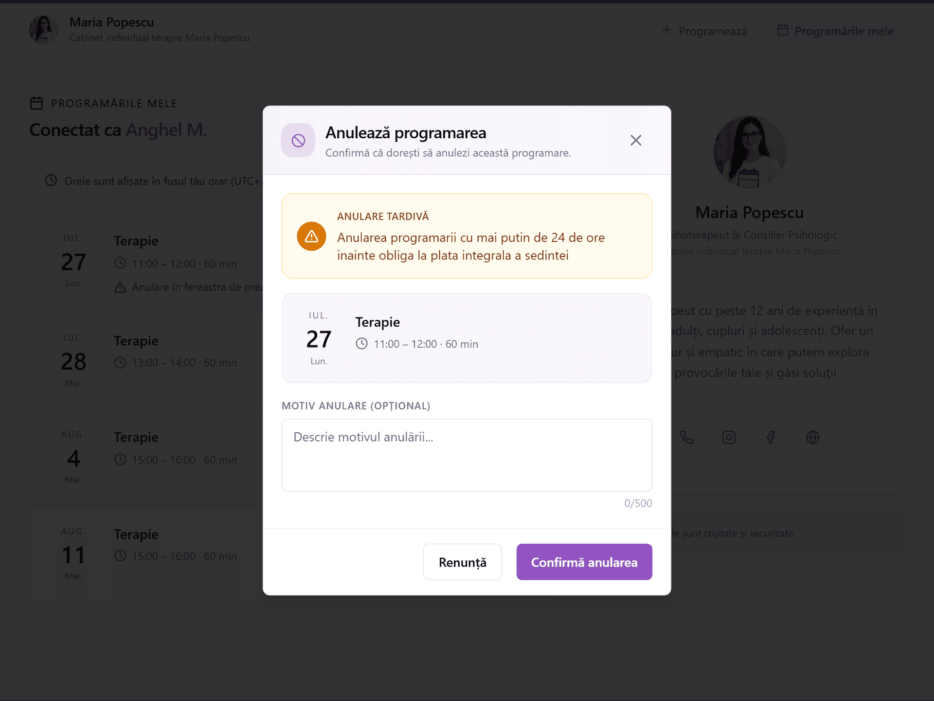 Clientul poate anula singur programarea