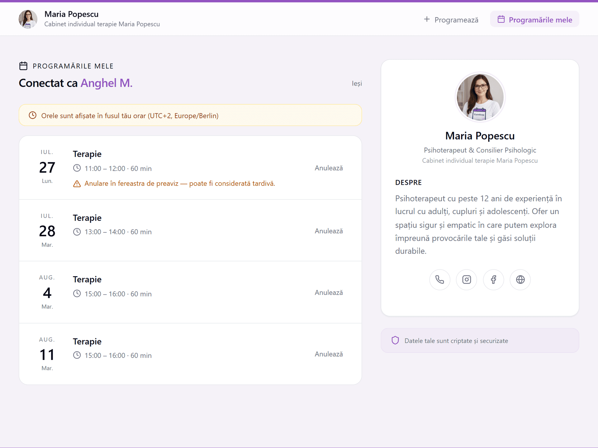 Anulări online programări cabinet psihoterapie