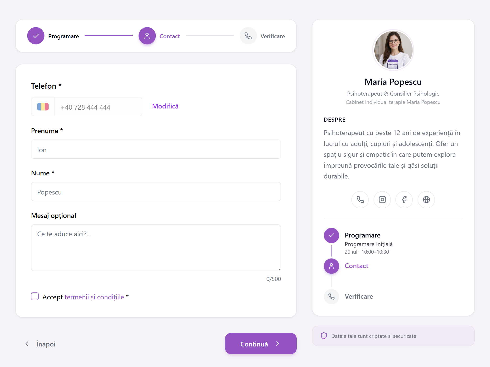 Formularul de date de contact pentru programarea online