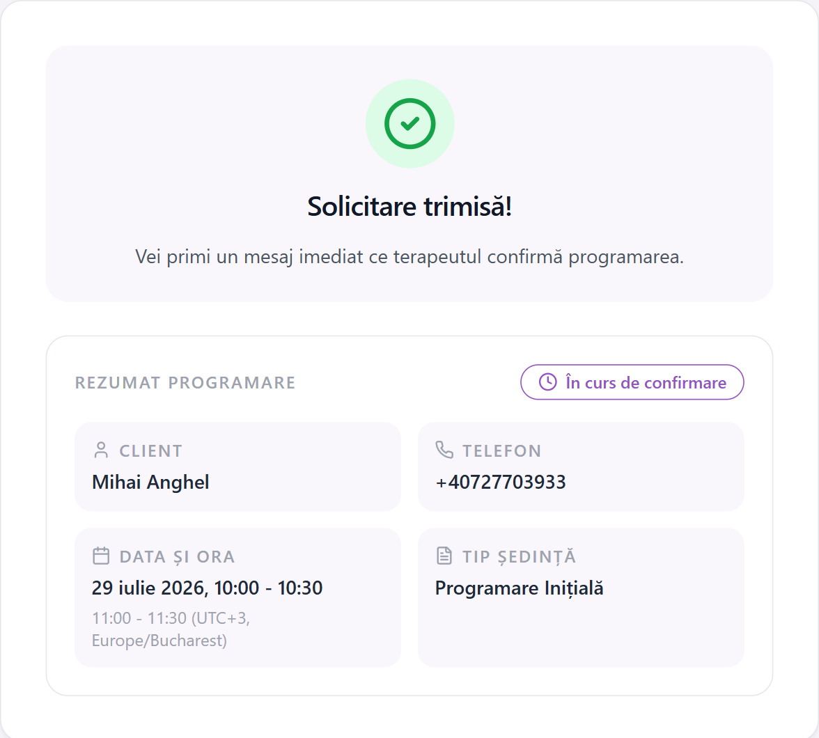 Ecranul Solicitare trimisă pentru programarea online