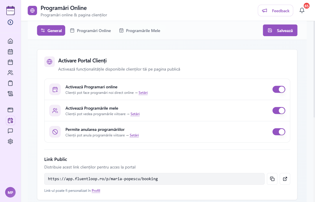 Pagina Programări Online din FluentLoop, cu tab-urile General și Programări Online