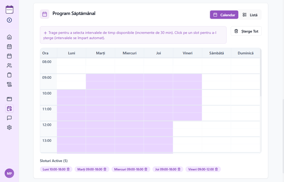 Programul săptămânal disponibil pentru programări online