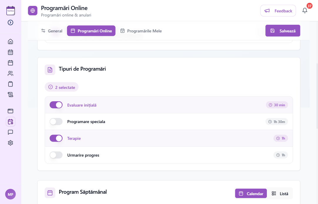 Tipuri de programări disponibile pentru programări online