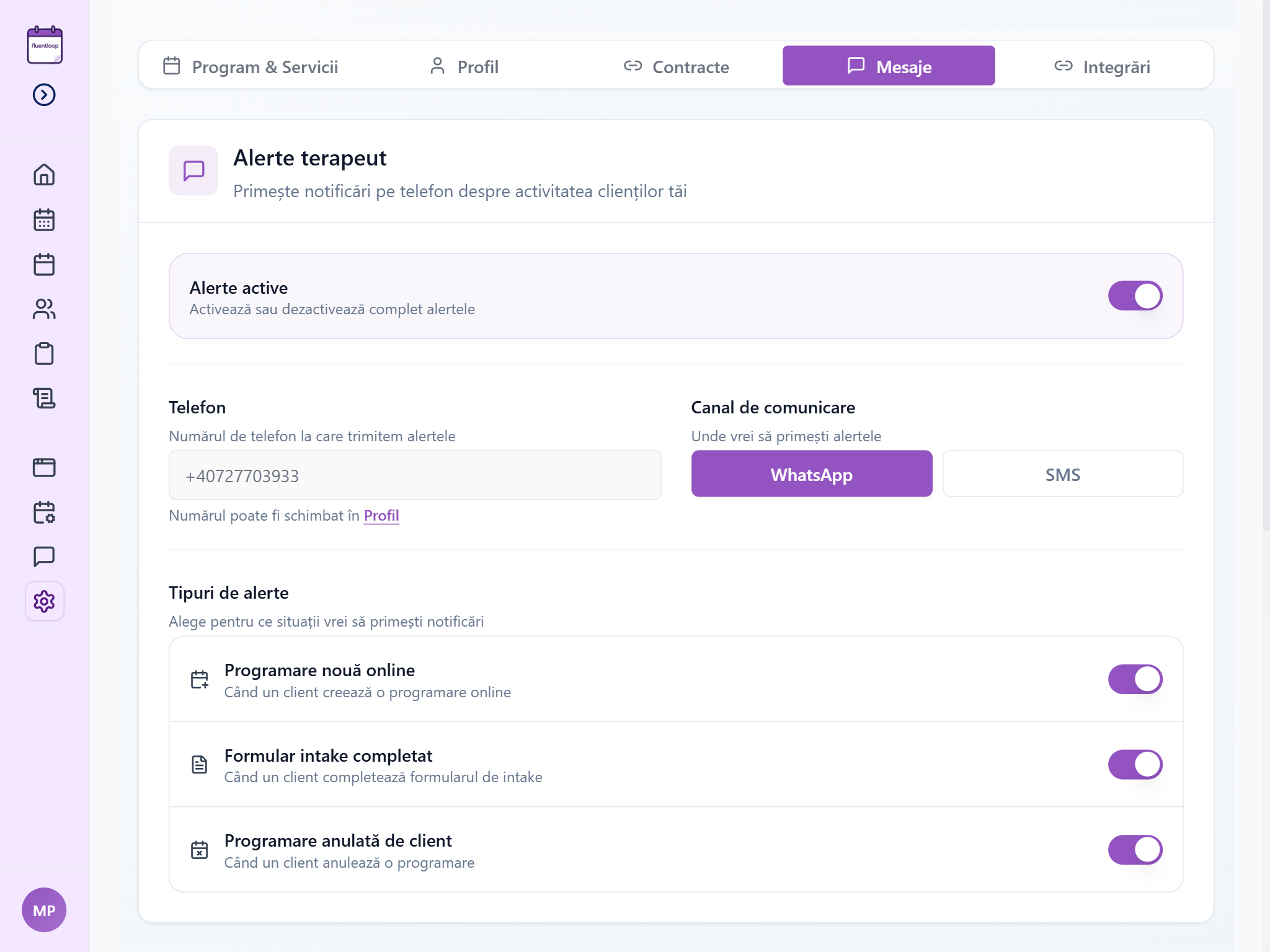 Setarea Programare anulată de client în Alerte terapeut