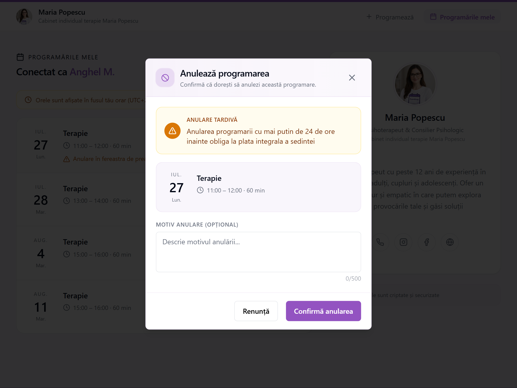 Dialog de confirmare pentru anularea unei programări, cu avertisment de anulare tardivă