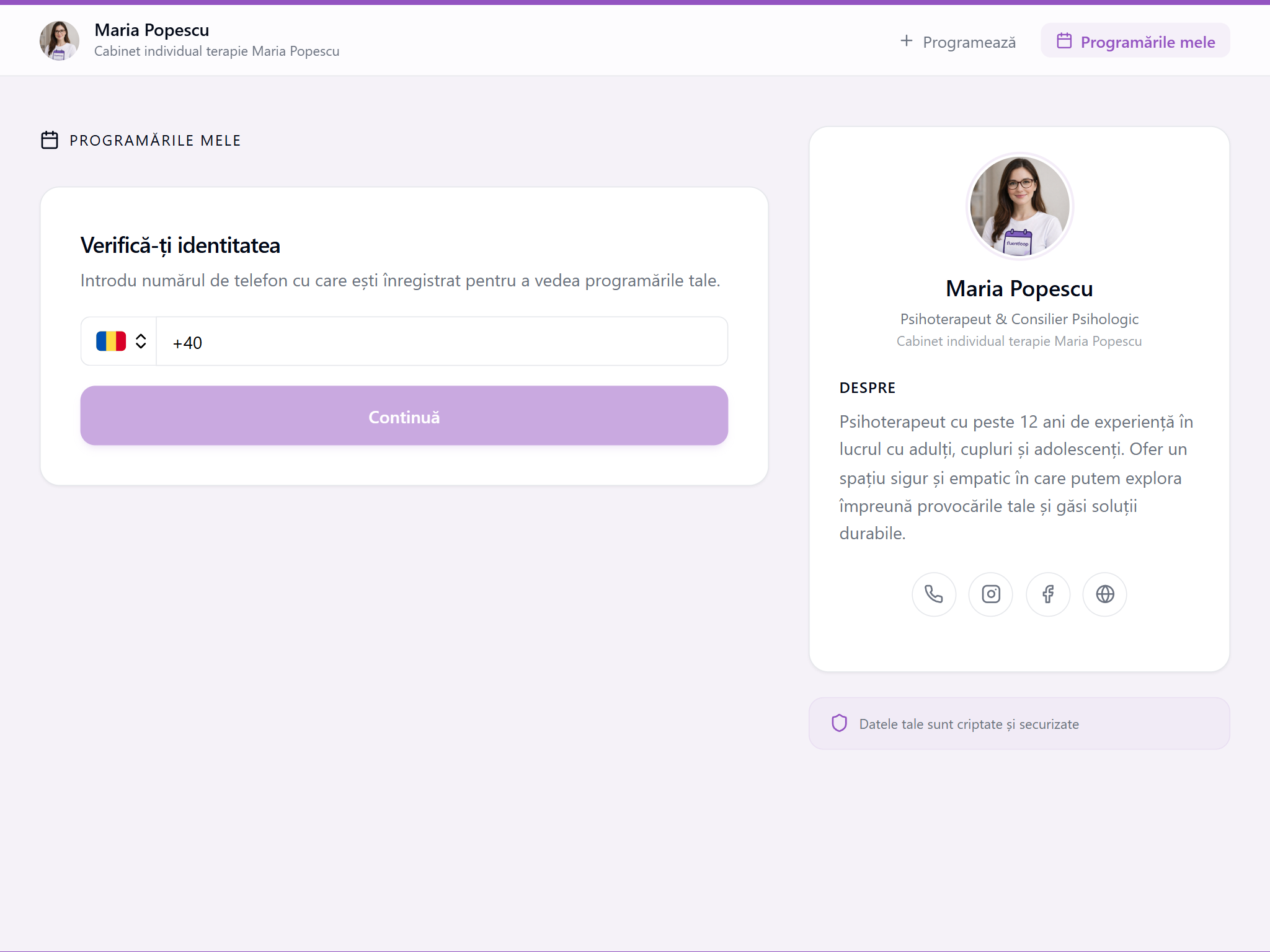 Ecranul de verificare a identității pentru Programările mele